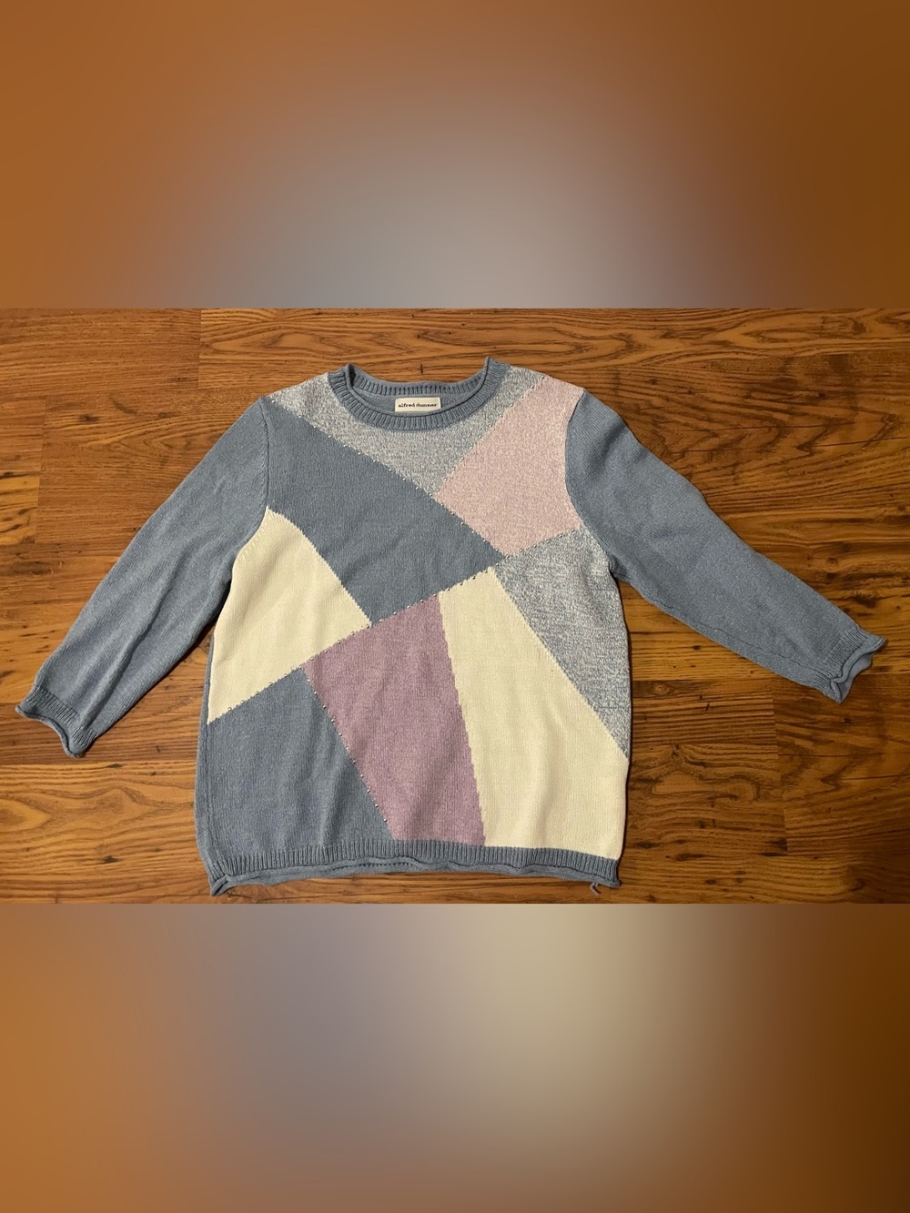 Alfred Dunner Light Blue, Cream & Lavender Geometric Crewneck Sweater PL